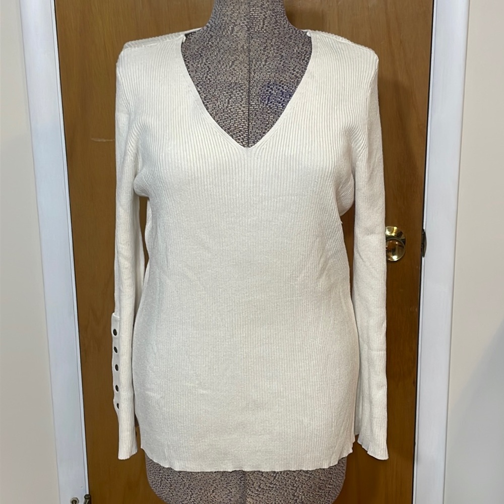 VENUS Womens XL Cream Ribbed Sweater Bell Sleeves w Studs V-Neck